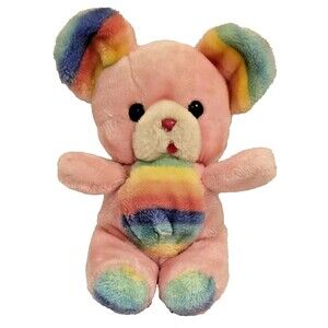 Vintage Rainbow Teddy Bear Plush Stuffed Animal Soft Toy 90s Cute Gift Collectib